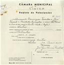 Registo de velocípede com o nº 4646, em nome de Armando Domingues Tomás, morador em Sintra.