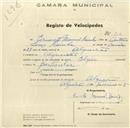 Registo de velocípede de marca Elgin, com o nº 916, em nome de Ernesto Manuel Rainha, morador em Algueirão.