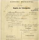 Registo de velocípede com o nº 2029, em nome de Bernardino Ferreira da Silva, Queluz.morador em 