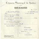 Registo de velocípede de marca Raio, com o nº 5740, em nome de Manuel Duarte Raio, morador em Sintra.
