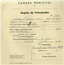 Registo de velocípede com o nº 1499, em nome de António Tabrosa Dias, morador em Mem Martins.