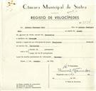 Registo de velocípede de marca Franjorcar, com o nº 9374, em nome de António Domingos Rolo, morador em Carenque.