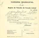 Registo de um veiculo de duas rodas tirado por um animal de espécie asinina destinado a transporte de mercadorias em nome de António Joaquim Jacinto, morador em Godigana.