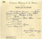 Registo de velocípede de marca Famel com motor Vitória, com o nº 9903, em nome de Manuel Simões Domingos, morador em Negrais.