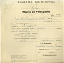 Registo de velocípede de marca Apollo, com o nº 566, em nome da Junta Nacional do Vinho, morador em Sintra.