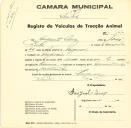 Registo de um veiculo de duas rodas tirado por dois animais de espécie bovina destinado a transporte de mercadorias em nome de Augusto Luís, morador em Negrais.