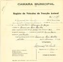 Registo de um veiculo de duas rodas tirado por dois animais de espécie asinina destinado a transporte de mercadorias em nome de Manuel dos Santos, morador em Casais de Mem Martins.