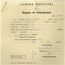 Registo de velocípede Cicles R.P., com o nº 2755, em nome de Bernardino Vicente d'Almeida, morador em Vila Simões, Sintra.