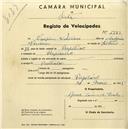 Registo de velocípede com o nº 1783, em nome de Crispim Veríssimo, morador em Pero Pinheiro.