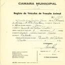 Registo de um veiculo de duas rodas tirado por um animal de espécie cavalar destinado a transporte de mercadorias em nome de Arnaldo Dias Monteiro Barros, morador na Quinta da Cabeça, Sintra.