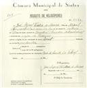 Registo de velocípede de marca Zenith, com o nº 5523, em nome de José Miguel Ferreira de Moura, morador em Recoveiro.