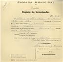 Registo de velocípede de marca Nacional, com o nº 756, em nome de António da Silva Melão, morador em Gouveia.