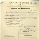 Registo de velocípede de marca Nacional, com o nº 3941, em nome de Carlos Alberto, morador em Belas.