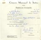 Registo de velocípede de marca Citifix, com o nº 8926, em nome de Vítor José Névoa, morador em Sintra.