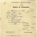 Registo de velocípede de marca Peugeot, com o nº 2453, em nome de Alberto Correia dos Santos, morador em Terrugem.