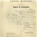 Registo de velocípede de marca Peugeot, com o nº 269, em nome de Daniel Inácio, morador em Odrinhas.
