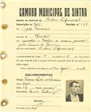 Registo de matricula de cocheiro profissional em nome de José Venâncio, morador na Rinchoa, com o nº de inscrição 726.