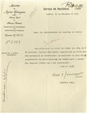 Ofício dirigido ao Administrador do Concelho de Sintra, proveniente do Diretor Geral do Ministério dos Negócios Estrangeiros, Vasco [...], solicitando que seja entregue o comprovativo de Mário Calazane por ter reembolsado o estado das despesas feitas com a sua repartição.