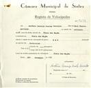 Registo de velocípede de marca HMW, com o nº 9294, em nome de António Laranjo Duarte Carvalho, morador em Praia das Maçãs.