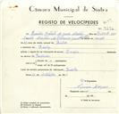 Registo de velocípede de marca Lúcifer, com o nº 9296, em nome de Emílio Batista de Jesus Martins, morador em Queluz.