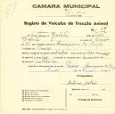 Registo de um veiculo de quatro rodas tirado por dois animais de espécie muar destinado a transporte de mercadorias em nome de António Galrão, morador em Priores.