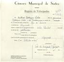 Registo de velocípede de marca Cicles Pombal, com o nº 9262, em nome de António Rodrigues Lobo, morador em Algueirão.