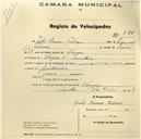 Registo de velocípede com o nº 581, em nome de Júlio Branco Pedroso, morador em Várzea de Sintra.