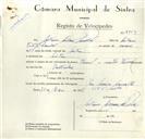Registo de velocípede de marca Famel, com o nº 8959, em nome de António Amaro Pombal, morador em Sintra.