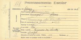 Recenseamento escolar de Domingos dos Santos, filho de Venâncio dos Santos, morador no Mucifal.