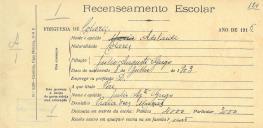 Recenseamento escolar de Adelaide Grego, filha de Júlio Augusto Grego, morador na Praia das Maças.