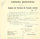 Registo de um veiculo de duas rodas tirado por dois animais de espécie muar destinado a transporte de mercadorias em nome de José Luís Brás Rilhas, morador no Mucifal.