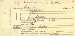 Recenseamento escolar de Sebastião, filho de Júlio Sebastião, morador em Colares.