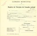 Registo de um veiculo de duas rodas tirado por dois animais de espécie muar destinado a transporte de mercadorias em nome de Bruno Vicente, morador nos Palmeiros, Montelavar.