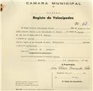 Registo de velocípede de marca Franjorca, com o nº 63, em nome de Tomás Álvaro Fernandes Félix, morador em A-da-Beja.