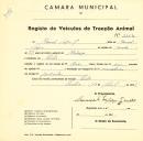 Registo de um veiculo de duas rodas tirado por um animal de espécie asinina destinado a transporte de mercadorias em nome de Manuel Lopes Júnior, morador em Sintra.