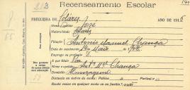 Recenseamento escolar de José Chança, filho de António Manuel Chança, morador em Almoçageme.

