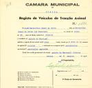 Registo de um veiculo de duas rodas tirado por dois ou um animais de espécie asinina destinado a transporte de mercadorias em nome de José Bernardino Gomes da Silva, morador na Quinta do Murraçal.