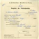 Registo de velocípede de marca Origan, com o nº 3734, em nome de Adriano Coelho, morador em Baratã.