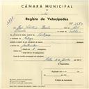Registo de velocípede com o nº 3684, em nome de João Sebastião Simões, morador em Sabugo.