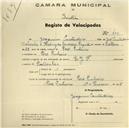 Registo de velocípede de marca E J F, com o nº 403, em nome de Joaquim Cantadeiro, morador em Pero Pinheiro.
