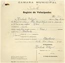 Registo de velocípede de marca Dinar, com o nº 760, em nome de Herlander Portugal, morador em Sintra.
