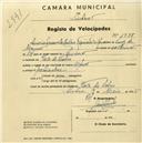 Registo de velocípede de marca Alfa, com o nº 1735, em nome de Maria Manuela Cardoso Figueiredo de Moura, moradora em Vale de Lobos.