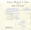 Registo de velocípede com o nº 8875, em nome de Manuel da Silva Pinheiro, morador em Queluz.