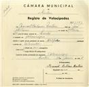 Registo de velocípede com o nº 3383, em nome de Manuel António Martins, morador em Albarraque.