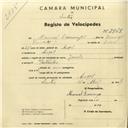 Registo de velocípede de marca Jamila, com o nº 2965, em nome de Manuel Domingos, morador em Anços.