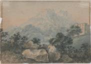 Serra de Sintra com o palácio Nacional de Sintra e o castelo dos Mouros. 