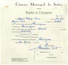 Registo de velocípede de marca Nacional, com o nº 8718, em nome de Manuel Valente Torres, morador em Almoçageme.