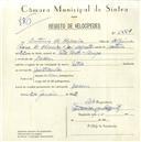 Registo de velocípede de marca Extra, com o nº 5564, em nome de António de Oliveira, morador em Cacém.