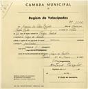 Registo de velocípede com o nº 1805, em nome de Henrique da Silva Regalo, morador em Várzea de Sintra.