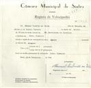 Registo de velocípede com o nº 8656, em nome de Manuel Cabrita da Silva, morador em Pero Pinheiro.
